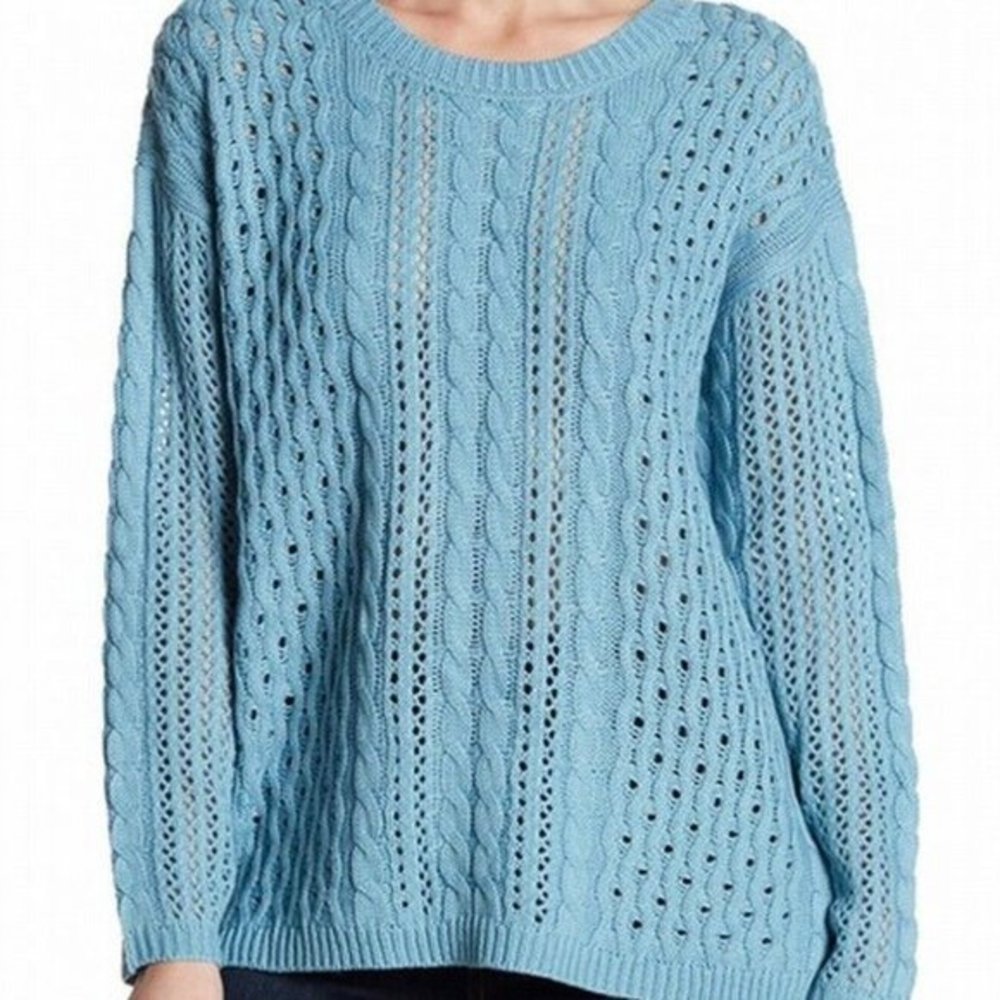 Lauren Hansen Size XL Nordstrom Blue Cable‎ Knit Button Back Pullover Sweater